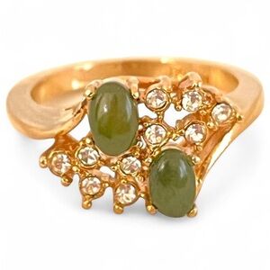 Vintage 14K Gold Plated Jade and Crystal Cocktail Ring Size 7.5